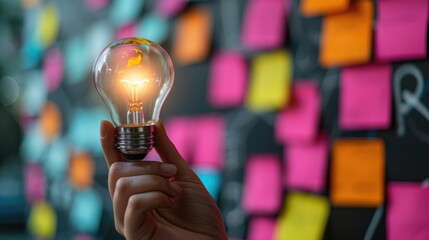 creative business ideas concept of glowing light bulb in hand with sticky note on brainstorming board background.	