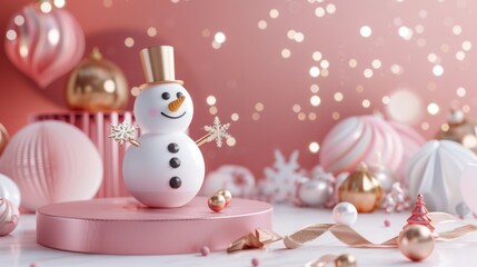 Pink Christmas Snowman with Golden Accents