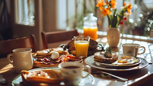 A delicous home style breakfast with crispy bacon eggs pancakes toast coffee and orange juice on table