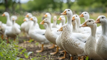 A flock of white ducks in a poultry farm free range ducks