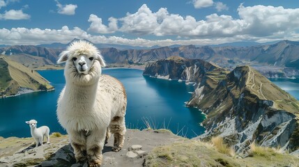 A fluffy white alpaca with baby alpaca on the viewpoint of quilotoa lake and volcano crater