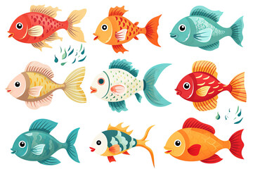 Naklejka premium Set of cute fish stickers in PNG clipart style on isolated transparent background for fun and creative design projects