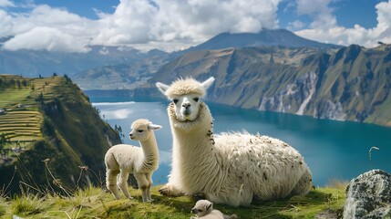 Fototapeta premium A fluffy white alpaca with baby alpaca on the viewpoint of quilotoa lake and volcano crater