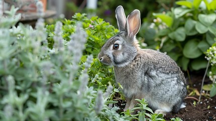 Fototapeta premium A gray rabbit sits in the herb bed and eat