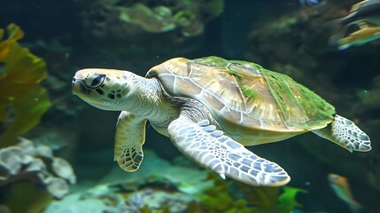 Fototapeta premium A green sea turtle swims