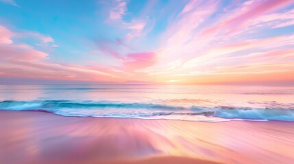 Obraz premium Vibrant beach scene at sunset, colorful sky reflecting on the water, soft pastel hues blending with the warm light, creating a serene atmosphere