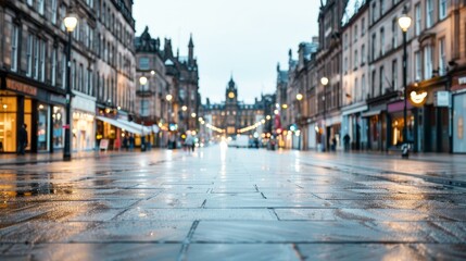 Fototapeta premium Vibrant city street at dusk, buildings bathed in the warm glow of streetlights, lively crowds and bustling atmosphere capturing urban energy