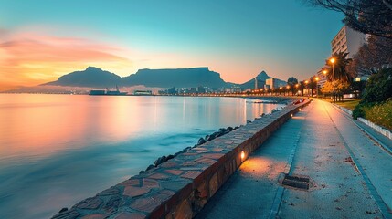 Fototapeta premium Scenic Coastal Pathway at Dusk with Table Mountain in Background