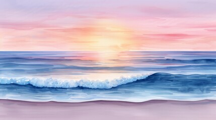 Obraz premium Vibrant watercolor outdoor scene of a coastline at dawn, waves gently lapping against the shore, with the horizon glowing in soft pastel colors, showcasing a serene morning view