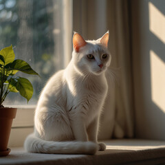 A white cat sits on a window sill in front of a window
