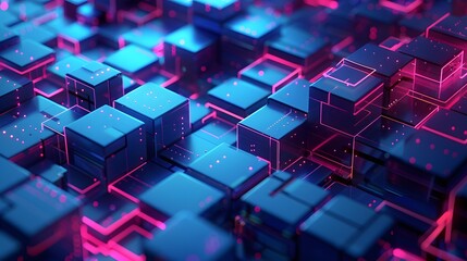 Abstract 3D cubes with neon lighting creating a modern, futuristic digital landscape ideal for technology and innovation concepts.