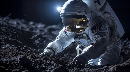 Exploration of Lunar Terrain - Astronaut Analyzing Moon's Soil Composition