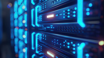 Fototapeta premium close up of blue bokeh light data center storage room full of supercomputers, server racks and cloud computing technologies