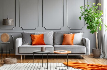 Elegant Living Room Interior with Vibrant Orange Accents
