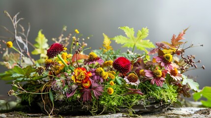 Autumnal decoration with flowers and moss