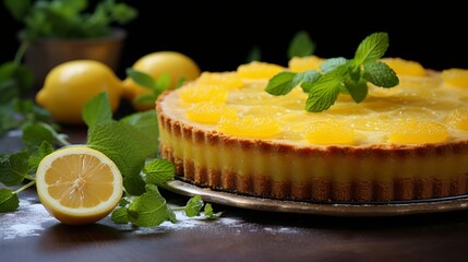 Delicious lemon tart dessert with zesty citrus flavor and buttery crust, freshly baked pastry ideal for tea time or elegant dessert menus, close-up view on rustic table
