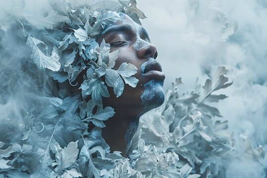 Close-up of person's face surrounded by frosty leaves