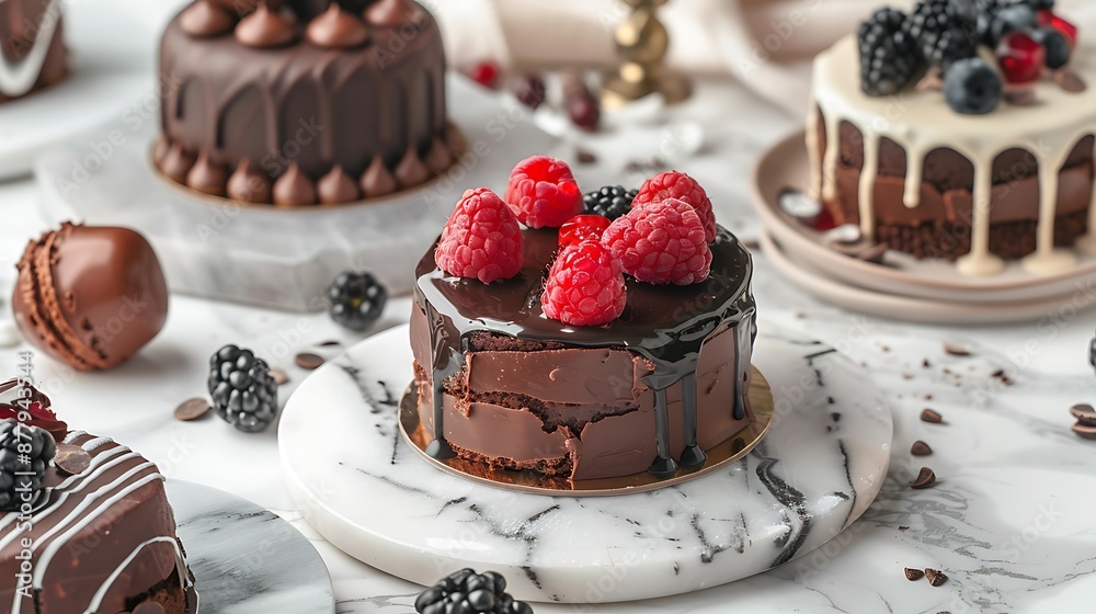 Sticker beautiful chocolate cakes on marble plate