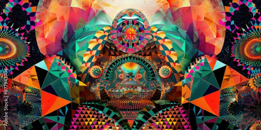 Poster dynamic abstract geometric design with vibrant colors, triangles, and patterns creating visual compl