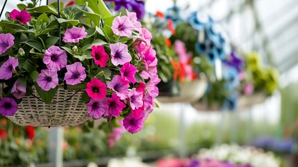 Fototapeta premium Beautiful flower arrangements in colorful hanging baskets full of petunia flowers hang in a small greenhouse garden nursery