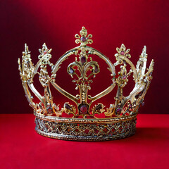 golden crown.A crown isolated on a rich red background, with intricate details and regal design. The image captures the elegance and grandeur of the crown against the bold backdrop