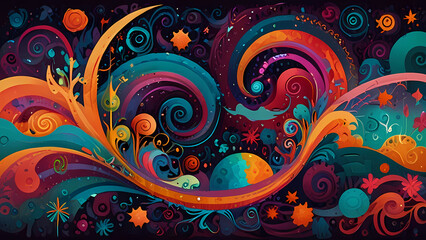 Fototapeta premium Illustration of a psychedelic-themed abstract background with vivid, dreamlike imagery, including spirals, waves, and cosmic elements, all in a harmonious yet chaotic composition