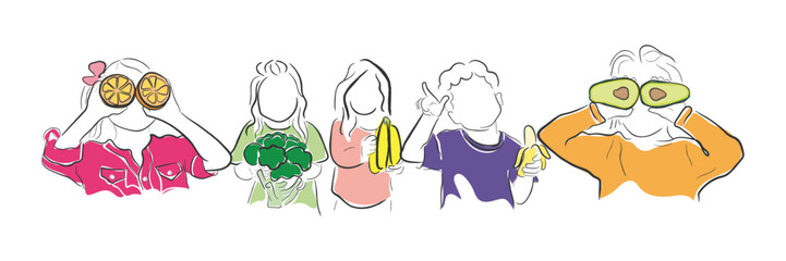 Hand drawn line art vectors of kids holding fruits. Dietitian or Nutritionist poster elements. Organic eating learning at school concept.