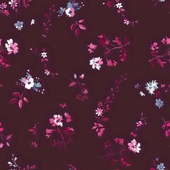 Pink and blue floral pattern on a deep red background
