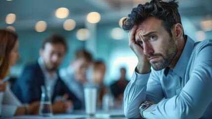 Fototapeta premium A worried businessman sits in a modern office, surrounded by colleagues, highlighting workplace stress and corporate challenges.