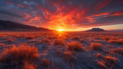 Desert Sunset: Vast Landscape Awash in Vibrant Orange and Red