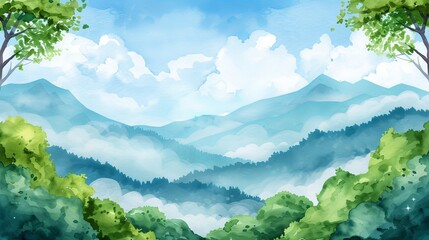 Naklejka premium Watercolor panorama of a scenic mountain view, lush green forests stretching to the horizon, and a clear blue sky dotted with fluffy clouds, evoking a sense of adventure