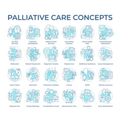 Palliative care soft blue concept icons. Chronic illness management. End of life care. Nursing services. Social service. Icon pack. Vector images. Round shape illustrations. Abstract idea