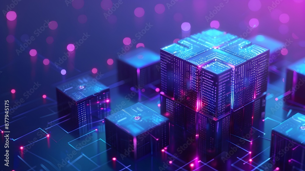 Poster futuristic digital blockchain network concept with glowing blocks. technology background for cryptoc