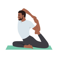 Young man doing yoga on mat. Flat vector illustration isolated on white background