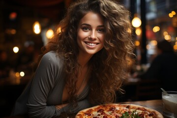 Chic young woman delighting in a delicious pizza within the charming atmosphere of a cozy pizzeria