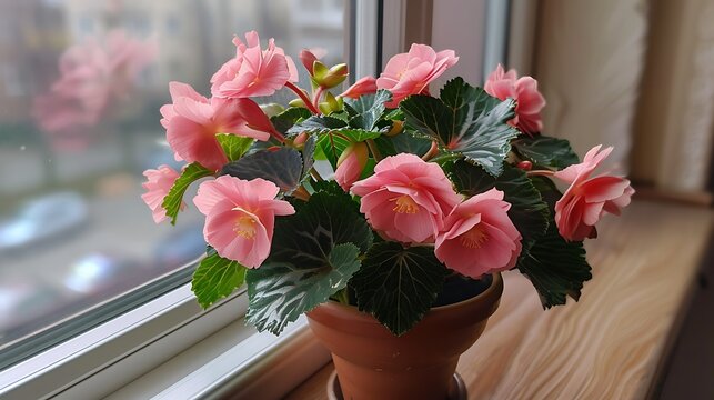 Blooming pink begonia tuberhybrida in a pot on the windowsill