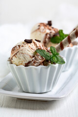 Chocolate vanilla ice cream with chocolate chips.