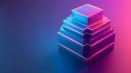 Futuristic, glowing neon pyramid structure with vibrant gradients in a digital art style. Modern technology and abstract design concept.