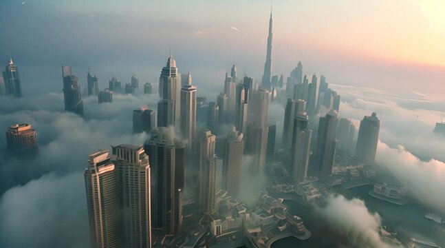 Dubai skyline, an impressive aerial top view of the city in Dubai Marina on a foggy day