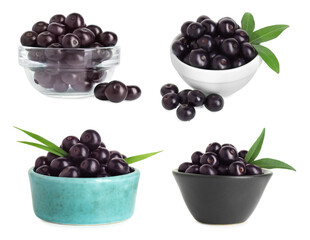 Set of acai berries in bowls isolated on white