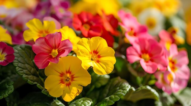 Central focus on a group of brightly colored primroses