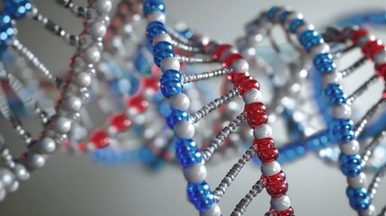 Detailed DNA helix in blue, red, grey, and white colors, forming an advanced genetic research background.