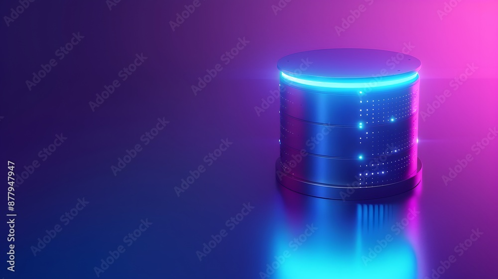 Poster futuristic server with neon lights in a dark gradient setting, representing modern technology and da