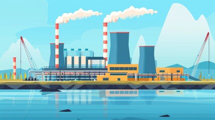 Obraz premium Industrial Power Plant by a Lake