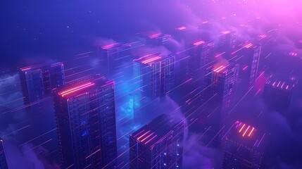 Futuristic skyscrapers with neon lights in a cyberpunk cityscape, enveloped in fog and illuminated by vibrant pink and blue hues.
