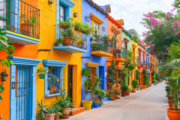 Fototapeta premium Colorful houses are standing in a row on the street in mexico