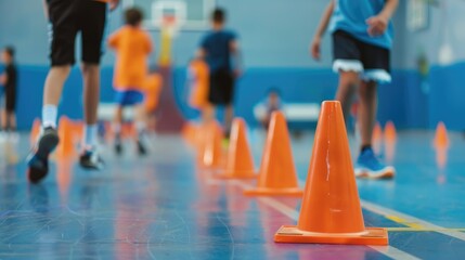 School children playing basketball with training cones on court blurred players in the background