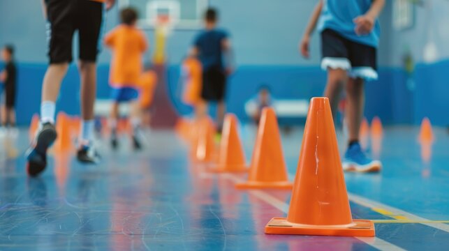 School children playing basketball with training cones on court blurred players in the background - Powered by Adobe