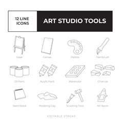 Art studio Tools line icon set vector simple, black and white vector icon bundle isometric