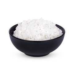 Rice in black bowl isolated on white background